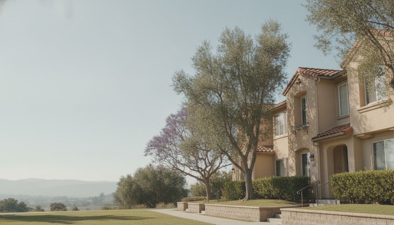 Two-story stucco townhomes with clay tile roofs and mature trees in a Southern California residential community