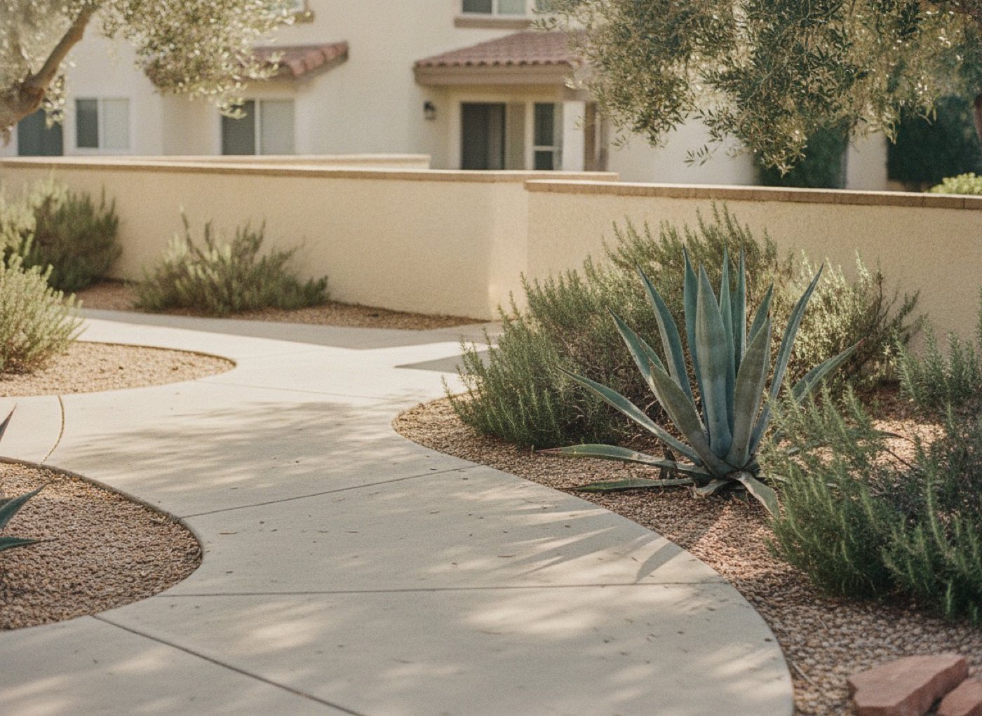 A curving concrete walkway through drought-tolerant planting and gravel beds, with a stucco community building behind
