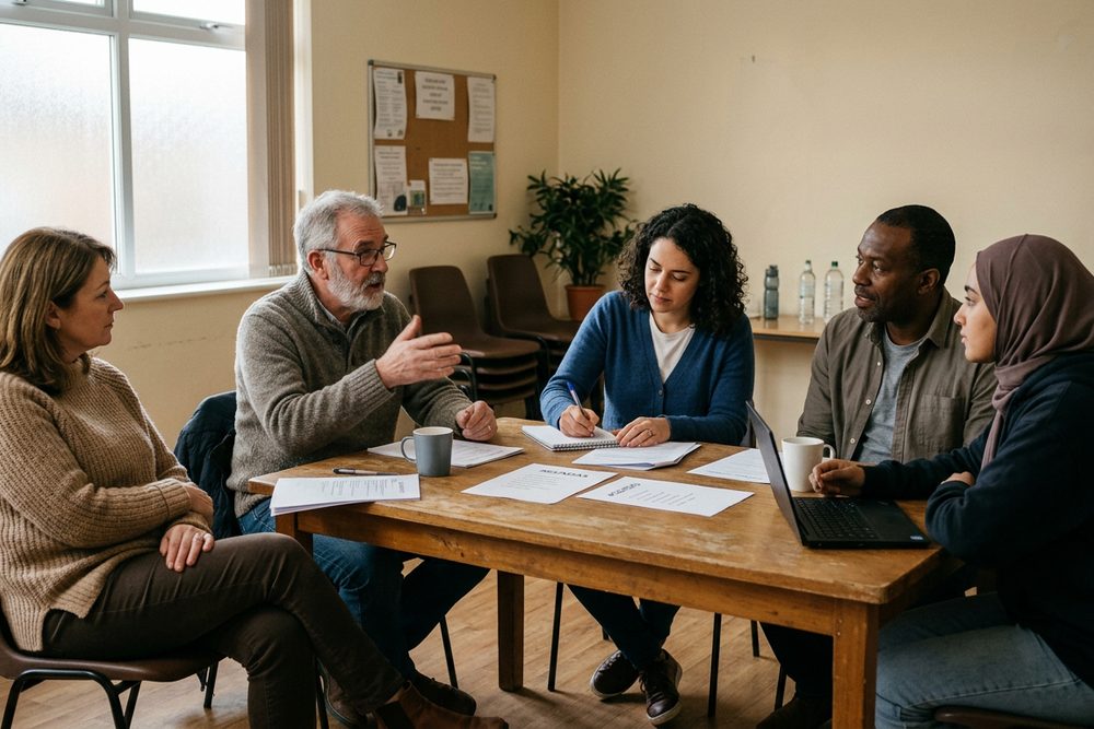 Board members around a community room table, mid-discussion, with printed agendas